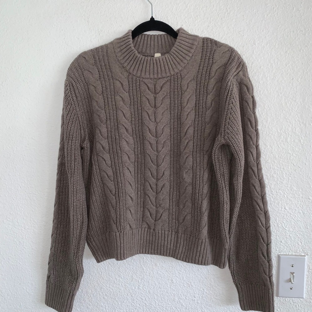 Pact Womens Organic Cotton Cable Knit Mock Neck Sweater Taupe Brown Size M